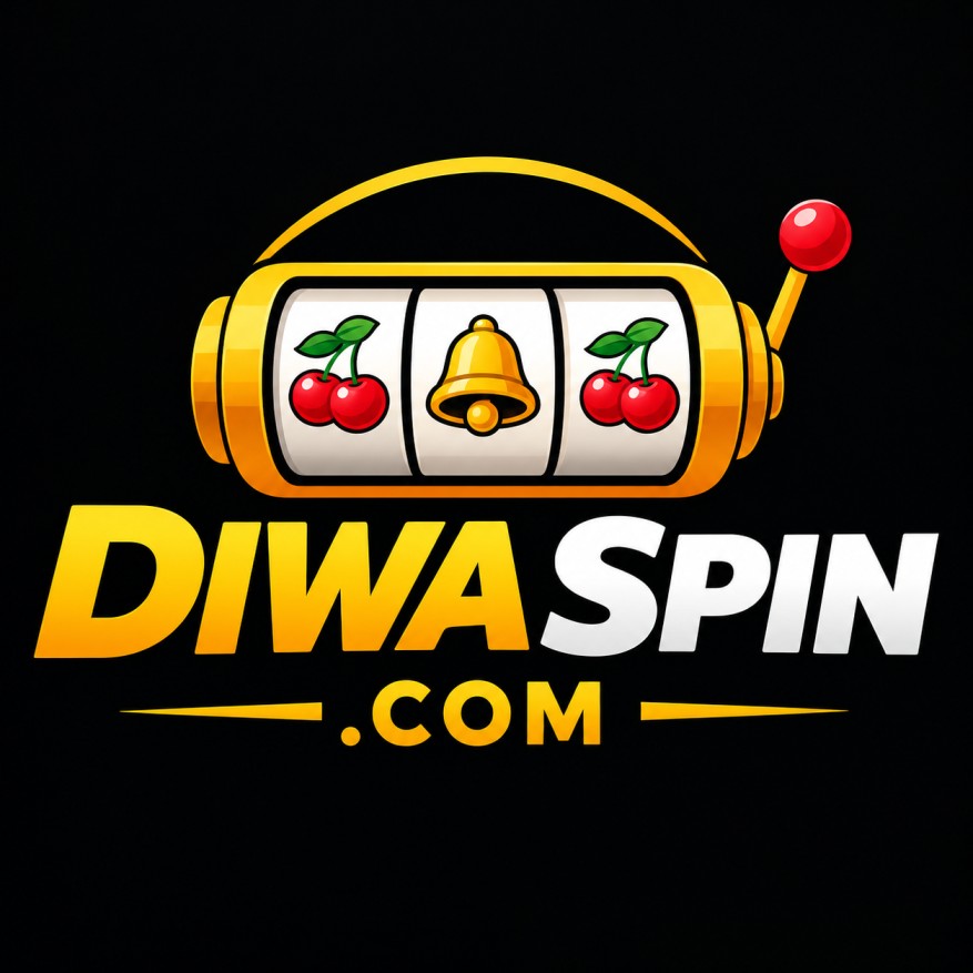 DIWA SPIN.COM gaming logo with golden slot machine, cherries and bell on black background