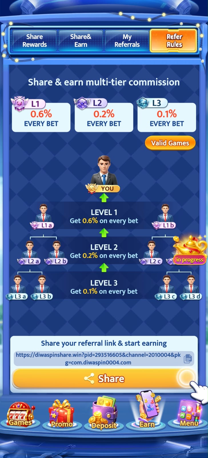 DiwaSpin Multi Tier Commission Rules Level 1 Level 2 Level 3