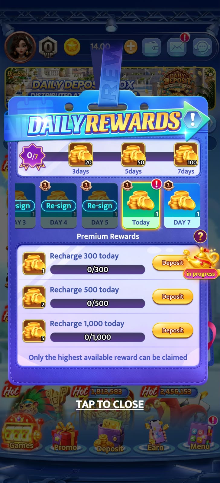 DiwaSpin Daily Login Rewards and Premium Deposit Bonus