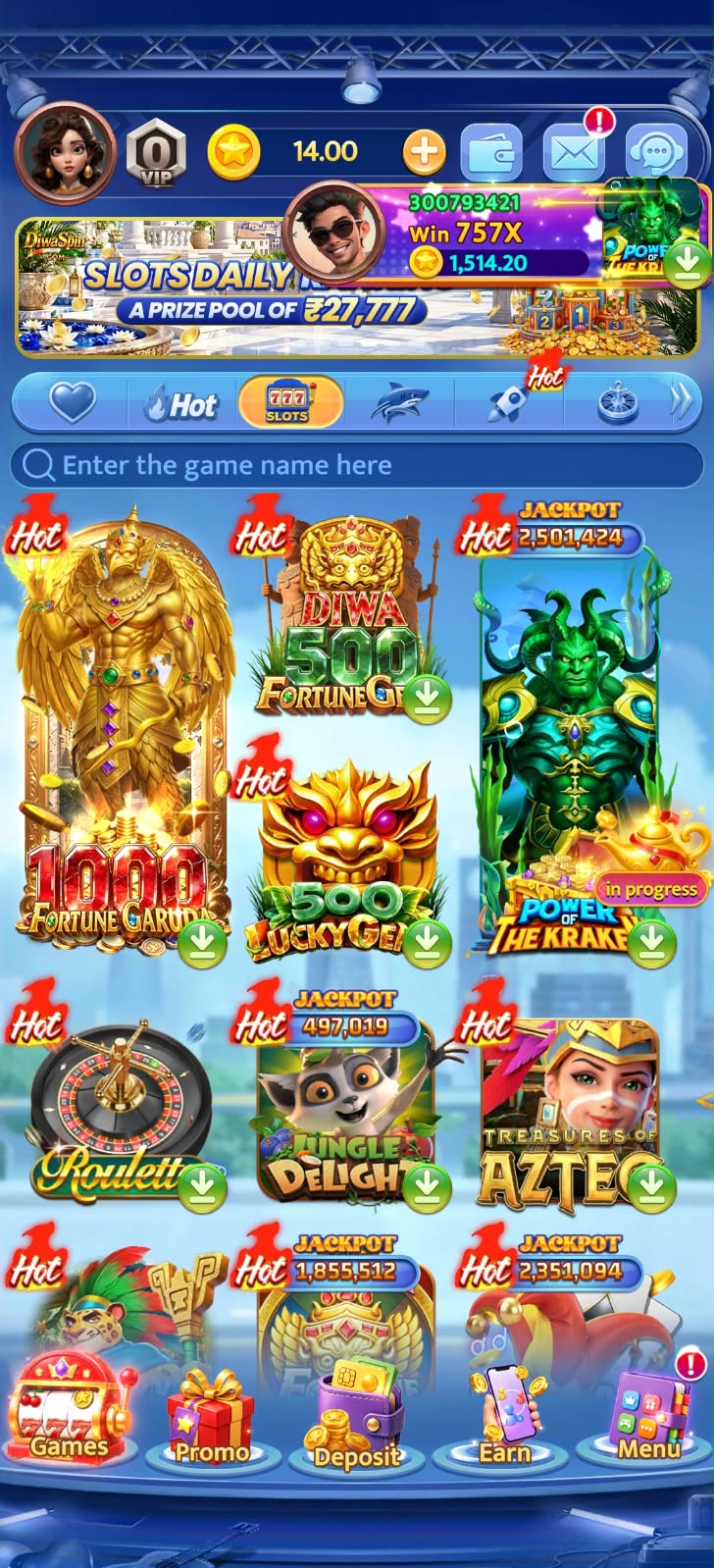 DiwaSpin Game App Main Lobby Slots Roulette Games