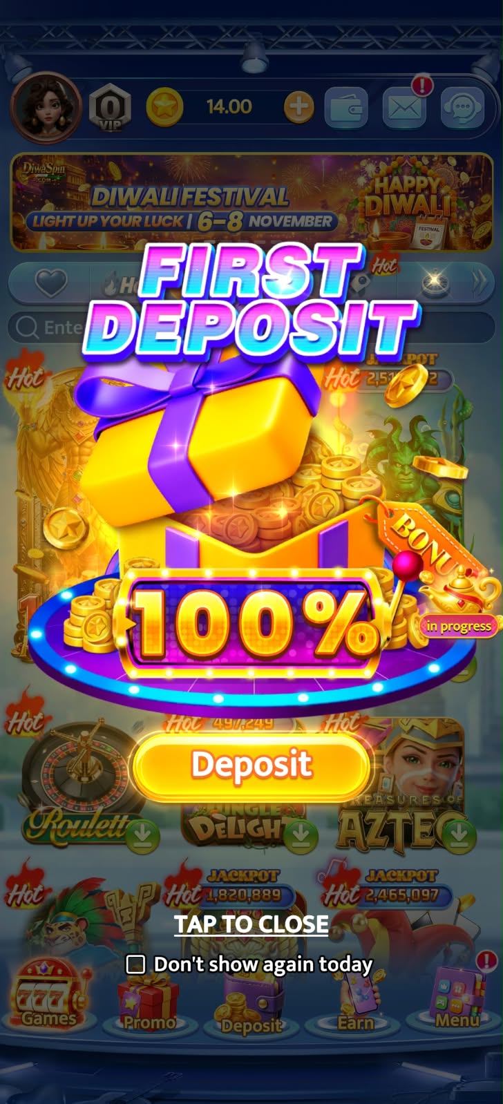 DiwaSpin Game First Deposit 100% Cash Bonus Banner